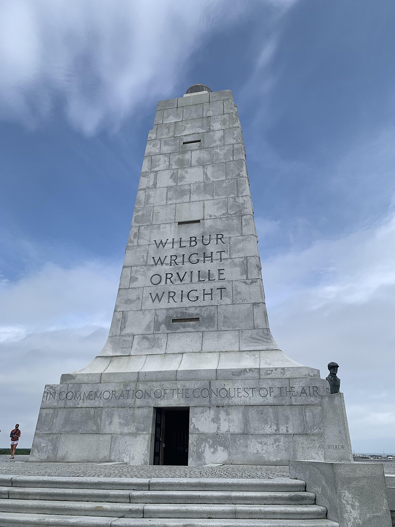 The granite shaft of the Wright Brothers Memorial and its doorway.
