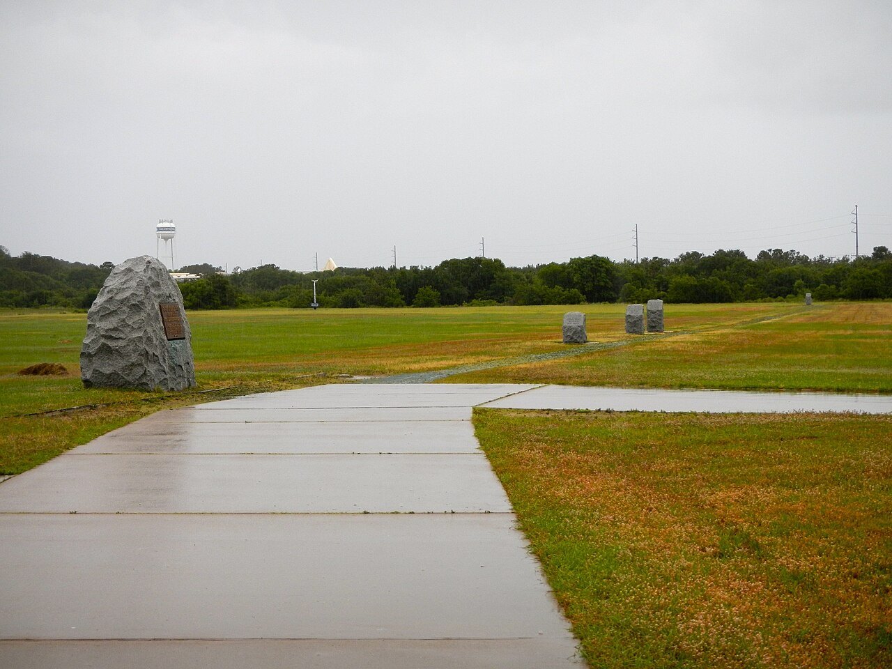 The stone marking the start of the first flight, with the landing markers beyond.